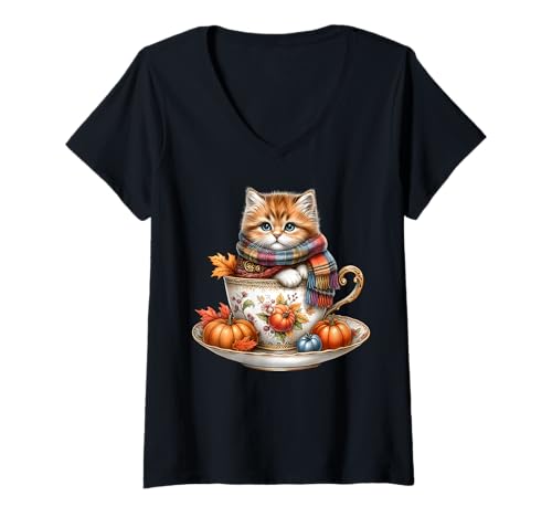 Damen Fall Kitten Pumpkin Spice Coffee Mug Knitted Scarf Cute Cat T-Shirt mit V-Ausschnitt Damen Fall Kitten Pumpkin Spice Coffee Mug Knitted Scarf Cute Cat T-Shirt mit V-Ausschnitt von Autumn Tea Cup Fall Kitten Gifts For Coffee Lovers