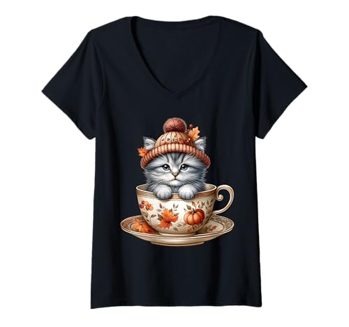 Damen Fall Kitten with Knitted Hat for Cats Autumn Thanksgiving T-Shirt mit V-Ausschnitt Damen Fall Kitten with Knitted Hat for Cats Autumn Thanksgiving T-Shirt mit V-Ausschnitt von Autumn Tea Cup Fall Kitten Gifts For Coffee Lovers