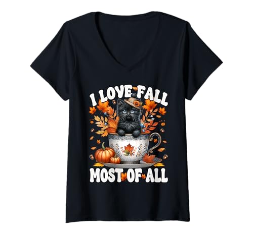 Damen Fall Saying for Black Cat Lover I Love Fall Most of All T-Shirt mit V-Ausschnitt von Autumn Tea Cup Fall Kitten Gifts For Coffee Lovers