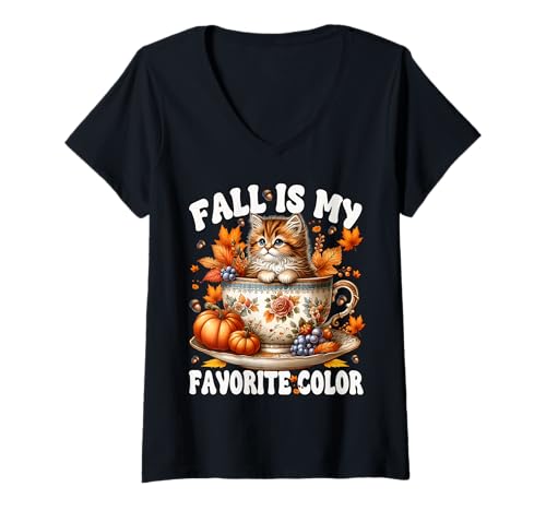 Damen Fall is My Favorite Color Cute Autumn Kitten for Cat Grandma T-Shirt mit V-Ausschnitt Damen Fall is My Favorite Color Cute Autumn Kitten for Cat Grandma T-Shirt mit V-Ausschnitt von Autumn Tea Cup Fall Kitten Gifts For Coffee Lovers