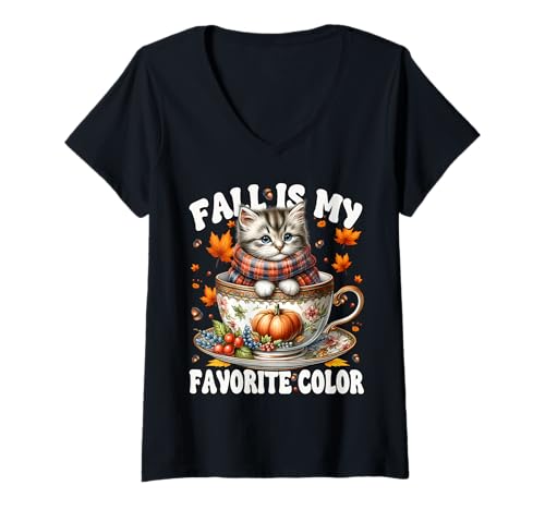 Damen Fall is My Favorite Color Kitten In Knitted Scarf Cute Cat T-Shirt mit V-Ausschnitt von Autumn Tea Cup Fall Kitten Gifts For Coffee Lovers