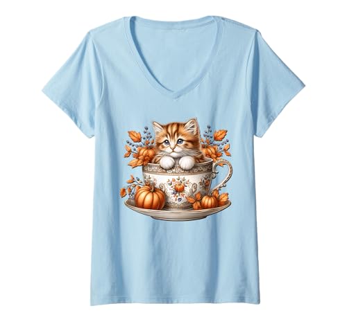 Damen Floral Fall Cat Mom Graphic Autumn Fall Pumpkin Spice Coffee T-Shirt mit V-Ausschnitt von Autumn Tea Cup Fall Kitten Gifts For Coffee Lovers