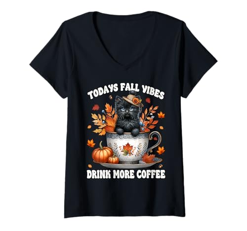 Damen Funny Coffee Saying for Fall and Cat Mom with Black Cat T-Shirt mit V-Ausschnitt von Autumn Tea Cup Fall Kitten Gifts For Coffee Lovers