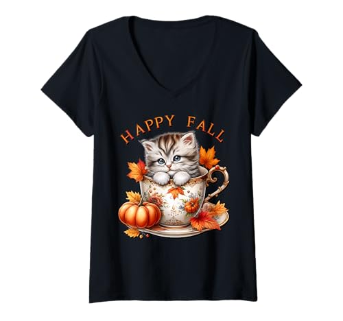 Damen Happy Fall Cat for Women with Floral Coffee Mug Autumn Vibes T-Shirt mit V-Ausschnitt Damen Happy Fall Cat for Women with Floral Coffee Mug Autumn Vibes T-Shirt mit V-Ausschnitt von Autumn Tea Cup Fall Kitten Gifts For Coffee Lovers