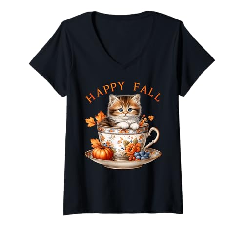 Damen Happy Fall Coffee Graphic for Women Kitten Mom and Cat Lover T-Shirt mit V-Ausschnitt von Autumn Tea Cup Fall Kitten Gifts For Coffee Lovers