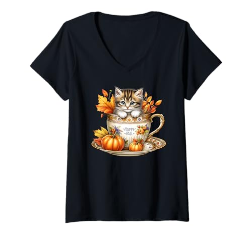 Damen Happy Fall Coffee Mug for Kitten Lover Cute Autumn Fall Cat T-Shirt mit V-Ausschnitt von Autumn Tea Cup Fall Kitten Gifts For Coffee Lovers