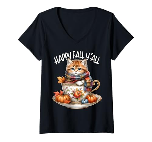 Damen Happy Fall Yall Fall Cat In Autumn Tea Cup Kawaii Kitten T-Shirt mit V-Ausschnitt von Autumn Tea Cup Fall Kitten Gifts For Coffee Lovers