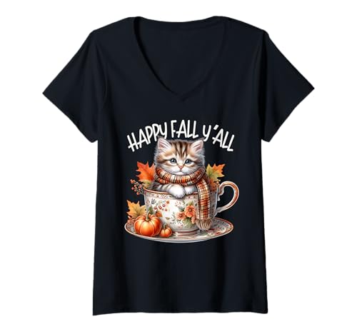Damen Happy Fall Yall for Cat Lover and Kitten Mom Cute Autumn T-Shirt mit V-Ausschnitt von Autumn Tea Cup Fall Kitten Gifts For Coffee Lovers