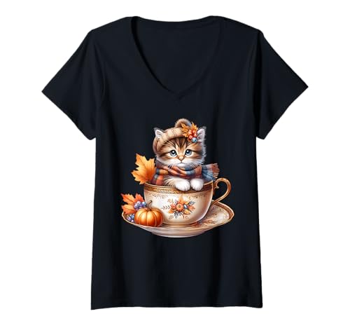 Damen Kitten Fall Cat In Pumpkin Coffee Mug for Tanksgiving Autumn T-Shirt mit V-Ausschnitt von Autumn Tea Cup Fall Kitten Gifts For Coffee Lovers