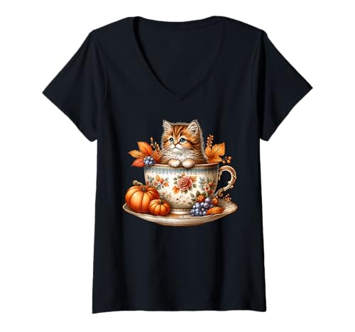 Damen Kitten Fall Coffee Mug with Autumn Leaves for Mom Cute Cat T-Shirt mit V-Ausschnitt von Autumn Tea Cup Fall Kitten Gifts For Coffee Lovers