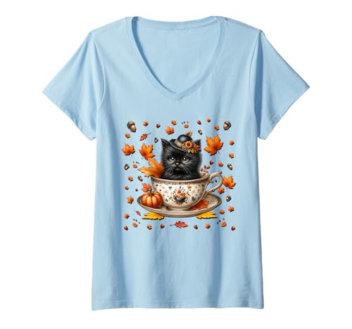 Damen Kitten Fall Must Haves for Women and Girls Cute Autumn Cat T-Shirt mit V-Ausschnitt Damen Kitten Fall Must Haves for Women and Girls Cute Autumn Cat T-Shirt mit V-Ausschnitt von Autumn Tea Cup Fall Kitten Gifts For Coffee Lovers