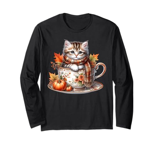 Fall Coffee and Cats Tea Cup for Women Kitten Mom Cat Lady Langarmshirt von Autumn Tea Cup Fall Kitten Gifts For Coffee Lovers