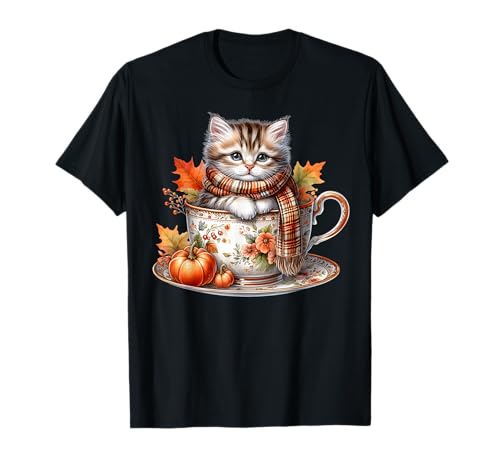 Fall Coffee and Cats Tea Cup for Women Kitten Mom Cat Lady T-Shirt von Autumn Tea Cup Fall Kitten Gifts For Coffee Lovers