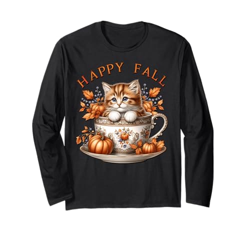 Happy Fall Cat Graphic for Women Kawaii Kitten Cute Autumn Langarmshirt von Autumn Tea Cup Fall Kitten Gifts For Coffee Lovers