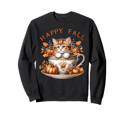 Happy Fall Cat Graphic for Women Kawaii Kitten Cute Autumn Sweatshirt von Autumn Tea Cup Fall Kitten Gifts For Coffee Lovers