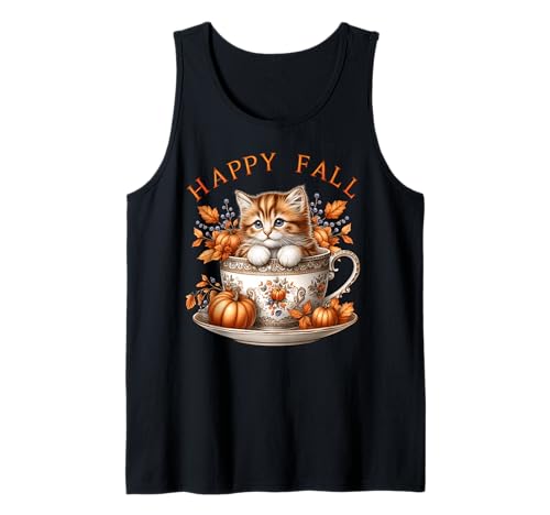 Happy Fall Cat Graphic for Women Kawaii Kitten Cute Autumn Tank Top von Autumn Tea Cup Fall Kitten Gifts For Coffee Lovers