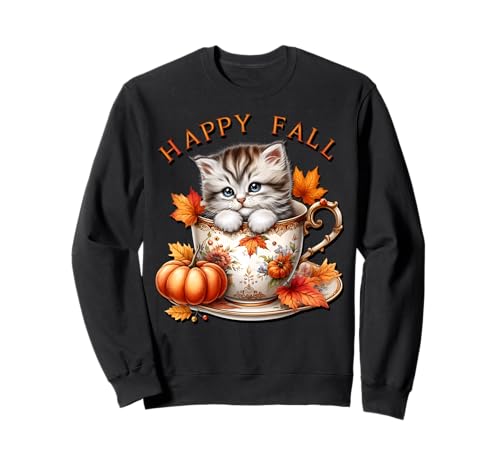 Happy Fall Cat for Women with Floral Coffee Mug Autumn Vibes Sweatshirt von Autumn Tea Cup Fall Kitten Gifts For Coffee Lovers
