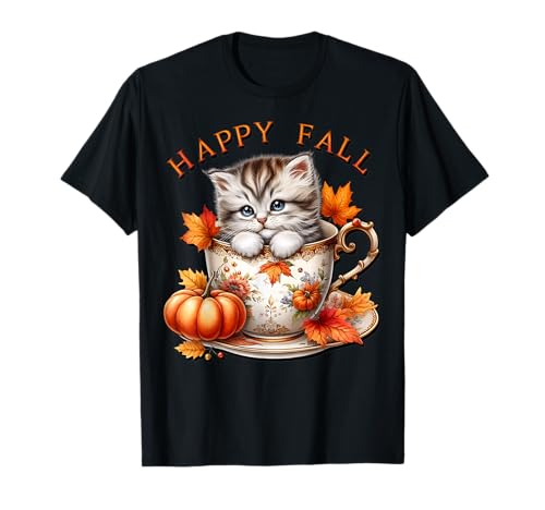 Happy Fall Cat for Women with Floral Coffee Mug Autumn Vibes T-Shirt Happy Fall Cat for Women with Floral Coffee Mug Autumn Vibes T-Shirt von Autumn Tea Cup Fall Kitten Gifts For Coffee Lovers
