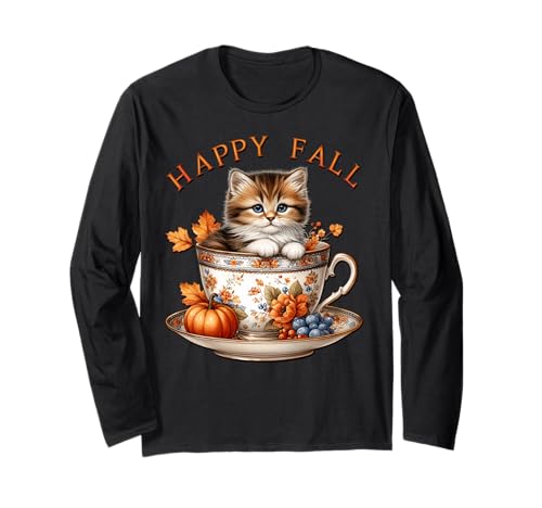 Happy Fall Coffee Graphic for Women Kitten Mom and Cat Lover Langarmshirt von Autumn Tea Cup Fall Kitten Gifts For Coffee Lovers