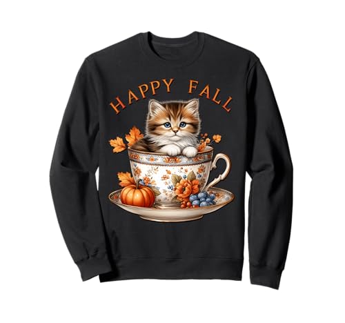 Happy Fall Coffee Graphic for Women Kitten Mom and Cat Lover Sweatshirt von Autumn Tea Cup Fall Kitten Gifts For Coffee Lovers