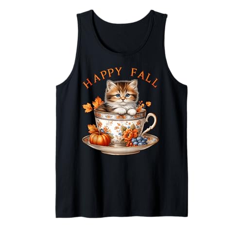 Happy Fall Coffee Graphic for Women Kitten Mom and Cat Lover Tank Top von Autumn Tea Cup Fall Kitten Gifts For Coffee Lovers
