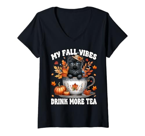 Damen Black Cat In Fall Hot Tea Cup for Kitten Mom Cute Autumn T-Shirt mit V-Ausschnitt Damen Black Cat In Fall Hot Tea Cup for Kitten Mom Cute Autumn T-Shirt mit V-Ausschnitt von Autumn Tea Cup Fall Kitten Gifts For Tea Lovers