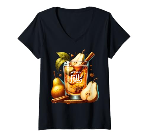 Damen Hello Fall Hot Tea Graphic for Pear Tea Lovers Cute Autumn T-Shirt mit V-Ausschnitt von Autumn Tea Cups & Fall Themed Gifts For Tea Lovers