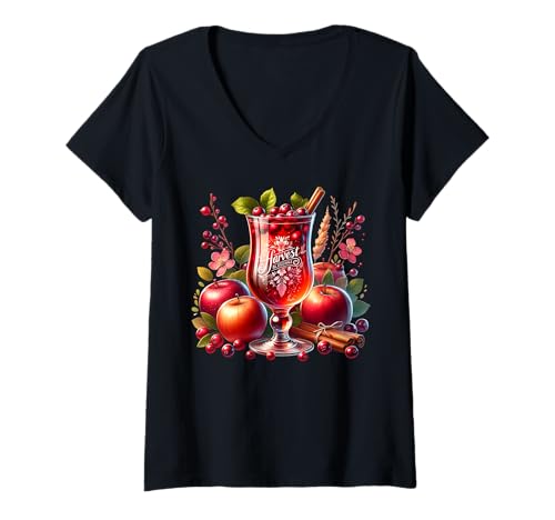 Damen Thanksgiving Fall Hot Tea Graphic for Women Cute Fall Apple T-Shirt mit V-Ausschnitt von Autumn Tea Cups & Fall Themed Gifts For Tea Lovers