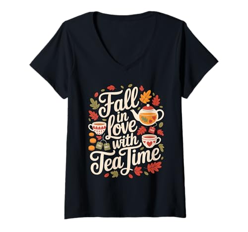 Damen Fall In Love with Tea Time Autumn Leaves T-Shirt mit V-Ausschnitt Damen Fall In Love with Tea Time Autumn Leaves T-Shirt mit V-Ausschnitt von Autumn Tea Enthusiasts Cozy Moments