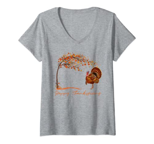 Damen Herbstbaum Truthahn Happy Thanksgiving Day Happy Thanksgiving Day Happy Thanksgiving T-Shirt mit V-Ausschnitt von Autumn Tree and Turkey - Happy Thanksgiving