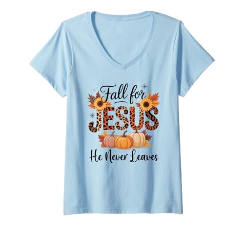 Damen Verliebe dich in Jesus Er verlässt niemals den christlichen Herbstglauben T-Shirt mit V-Ausschnitt von Autumn Vibes Designs