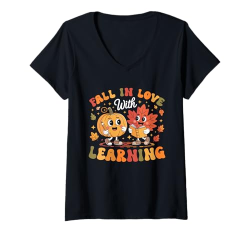 Damen Verliebe dich in Learning Retro Pumpkin Teacher Autumn T-Shirt mit V-Ausschnitt von Autumn Vibes Designs