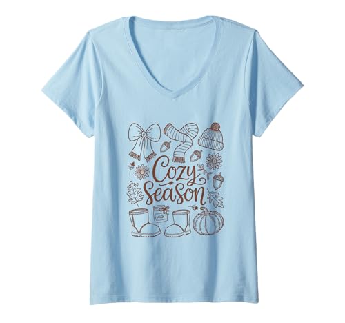 Damen Cozy Season Autumn Leaves Eicheln T-Shirt mit V-Ausschnitt von Autumn Vibes Fall Leaves Pumpkins