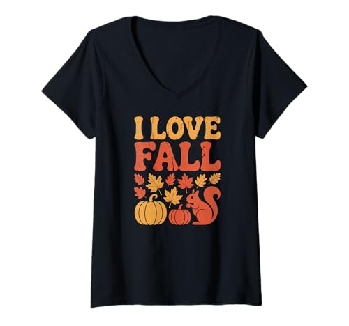 Damen I Love Fall Eichhörnchen Kürbisblätter T-Shirt mit V-Ausschnitt Damen I Love Fall Eichhörnchen Kürbisblätter T-Shirt mit V-Ausschnitt von Autumn Vibes Fall Pumpkin Leaves