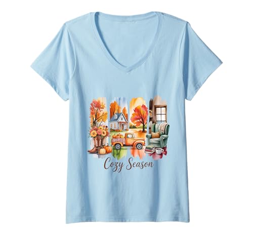 Damen Cozy Season Herbst Motiv T-Shirt mit V-Ausschnitt Damen Cozy Season Herbst Motiv T-Shirt mit V-Ausschnitt von Autumn Vibes Halloween