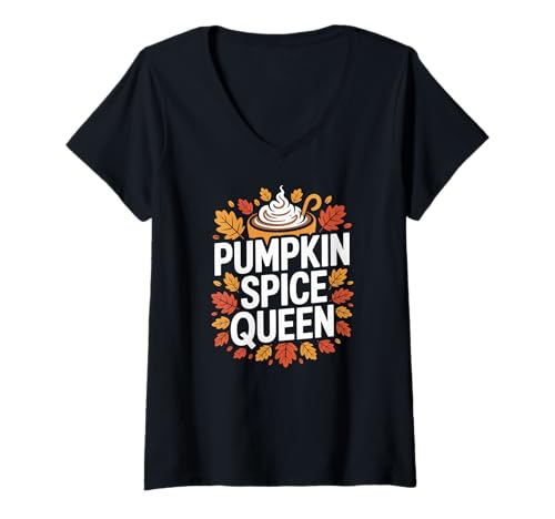 Damen Kürbis Gewürzkönigin Herbstlaub Spaß T-Shirt mit V-Ausschnitt Damen Kürbis Gewürzkönigin Herbstlaub Spaß T-Shirt mit V-Ausschnitt von Autumn Vibes Pumpkin Spice Lovers