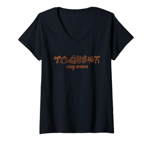 Damen Minimalistische Herbst-Winter-gemütliche Jahreszeit T-Shirt mit V-Ausschnitt Damen Minimalistische Herbst-Winter-gemütliche Jahreszeit T-Shirt mit V-Ausschnitt von Autumn Vibes and Coffee