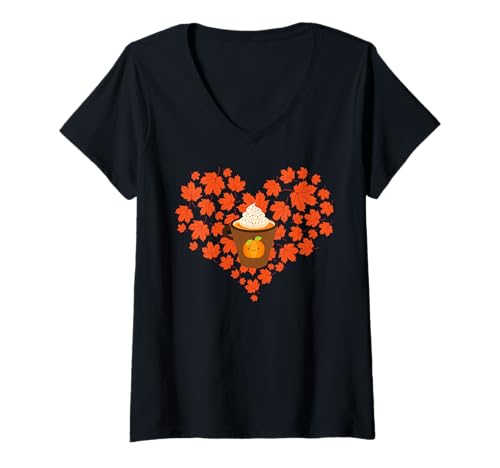 Damen Saisonaler Kürbisgewürz Latte Herbst Herz T-Shirt mit V-Ausschnitt Damen Saisonaler Kürbisgewürz Latte Herbst Herz T-Shirt mit V-Ausschnitt von Autumn Visions Designs