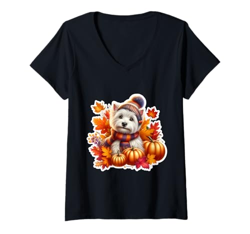 Damen Herbst Herbst West Highland White Terrier Hundebesitzer Vintage T-Shirt mit V-Ausschnitt von Autumn West Highland White Terrier Owner Products