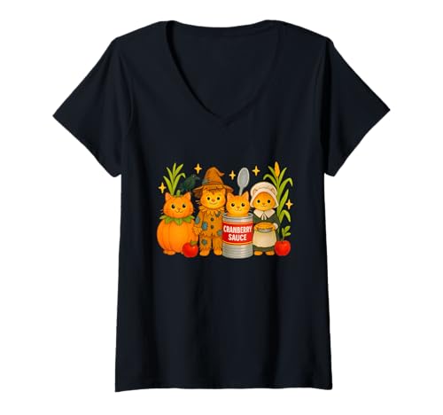 Damen Thanksgiving Tabby Cat Herbsternte-Grafik T-Shirt mit V-Ausschnitt Damen Thanksgiving Tabby Cat Herbsternte-Grafik T-Shirt mit V-Ausschnitt von Autumn Whimsy Studio