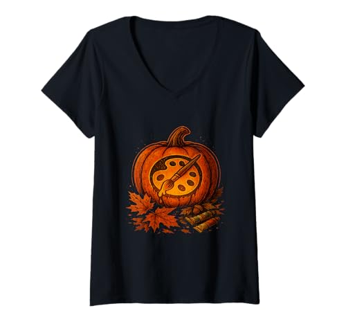 Damen Kürbis Schnitzerei Kunst Palette Halloween Herbst Design T-Shirt mit V-Ausschnitt Damen Kürbis Schnitzerei Kunst Palette Halloween Herbst Design T-Shirt mit V-Ausschnitt von Autumn and Halloween Designs