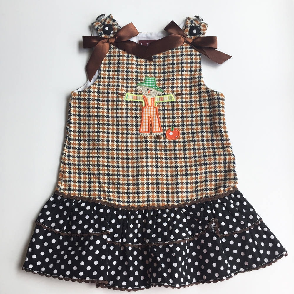 12-24 Monat Kariert Und Polka Dot Kleid Von Lil Kaktus Mit Vogelscheuche & Kürbis Bestickt Patch, Band Bögen, Doppel Tiered Saum, Ric Rac von AutumnRoseArtVintage