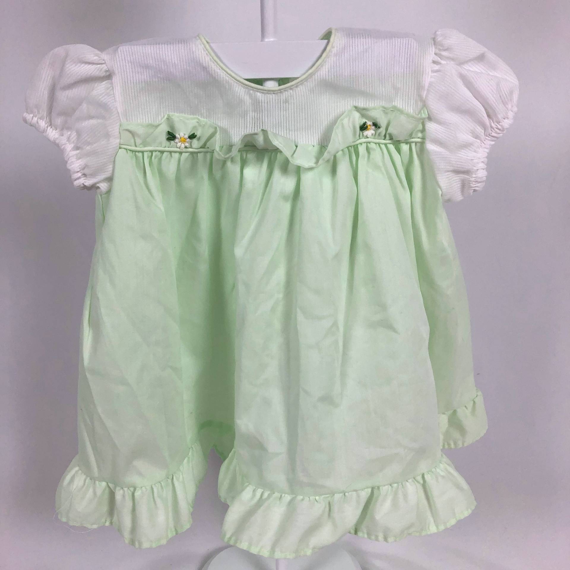 18 Monate Mint Kleid Mit Gestreiften Ärmeln Und Top Getrennt Von Rüschen & Bestickten Weißen Gänsen Gelben Centern, Rüschensabzug von AutumnRoseArtVintage