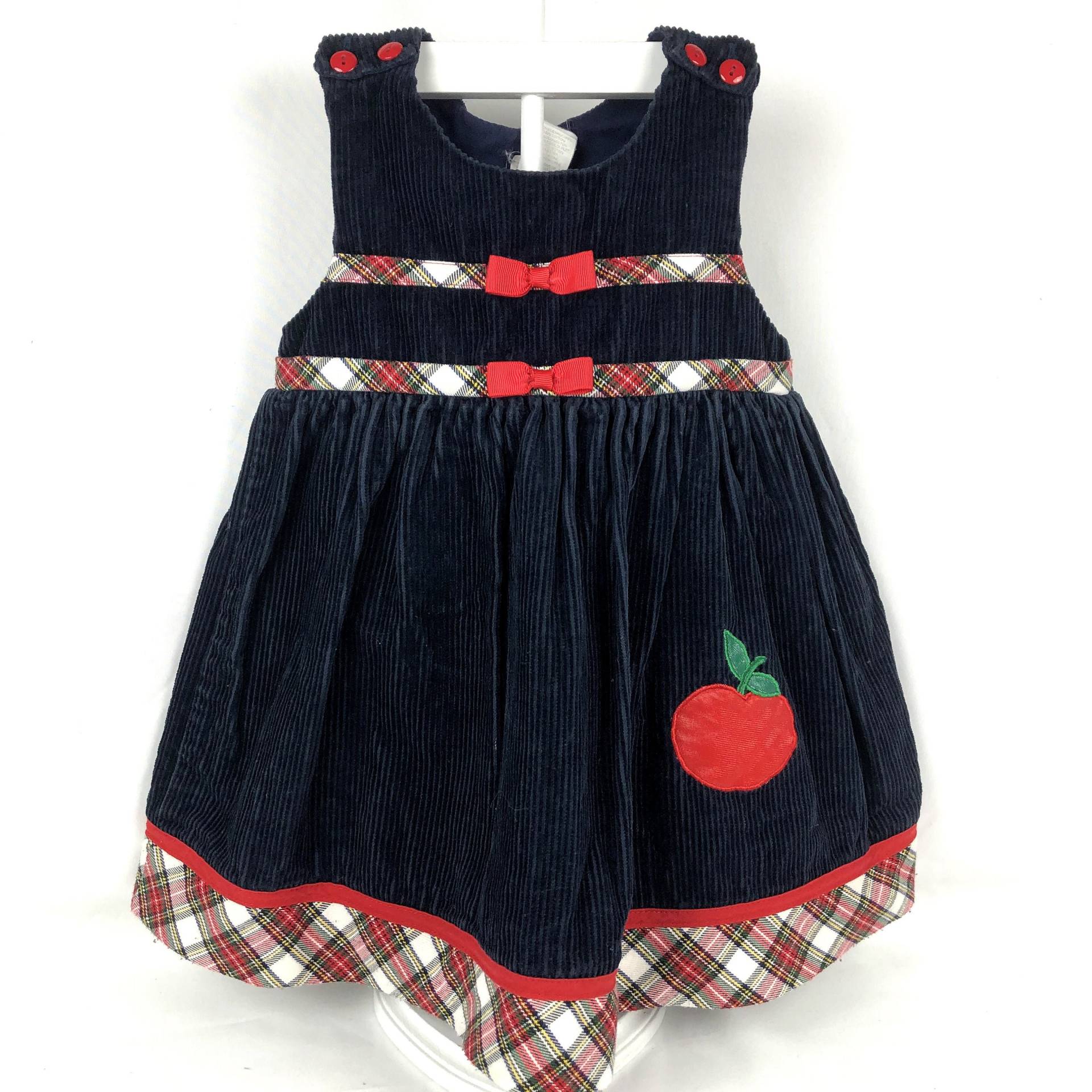 3 T Schwarz Corduroy Kleid Mit Karierten Saum & Dekorative Streifen, Rote Band Bögen, Apple Applikation, Knöpfe An Den Schultern, Weiß, Grün, Gelb von AutumnRoseArtVintage