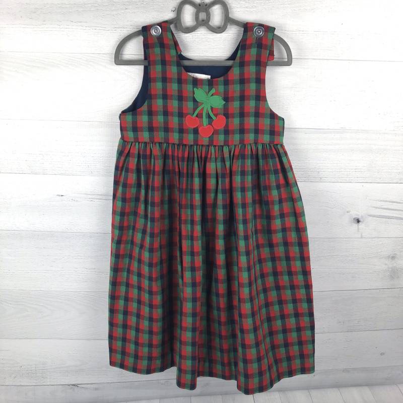 Größe 5 Blau, Rot & Grün Karierten Kleid Mit Applikation Von Roten Kirschen Grünen Stielen Bestickt Auf, Klare Knöpfe An Den Schultern, Pleating von AutumnRoseArtVintage