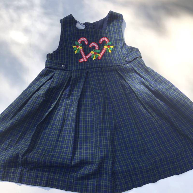 Größe 5 Marineblau & Grün Karierten Ärmellosen Kleid Mit Pleated Rock, Rot Und Weiß Candy Cane Applikationen Bestickten Holly Gelben Bogen von AutumnRoseArtVintage