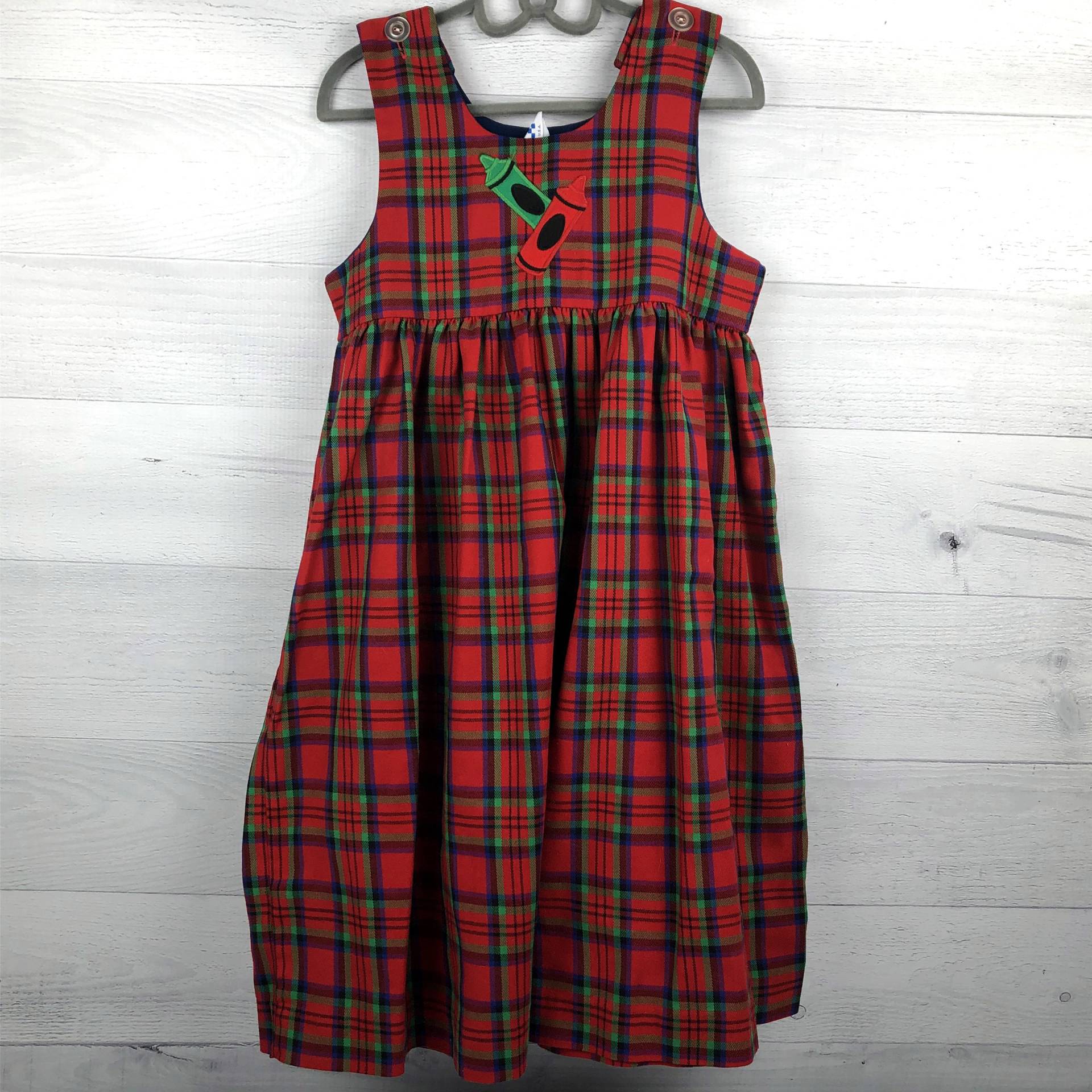 Größe 6x Karierteärmelige Kleid in Rot, Grün, Blau & Schwarz, Mit Zwei Crayon Applikationen Rot Und Klare Knopfverschlüsse An Den Schultern von AutumnRoseArtVintage