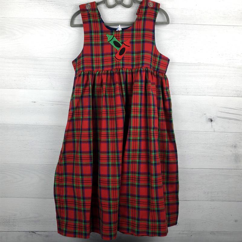 Größe 6x Karierteärmelige Kleid in Rot, Grün, Blau & Schwarz, Mit Zwei Crayon Applikationen Rot Und Klare Knopfverschlüsse An Den Schultern von AutumnRoseArtVintage