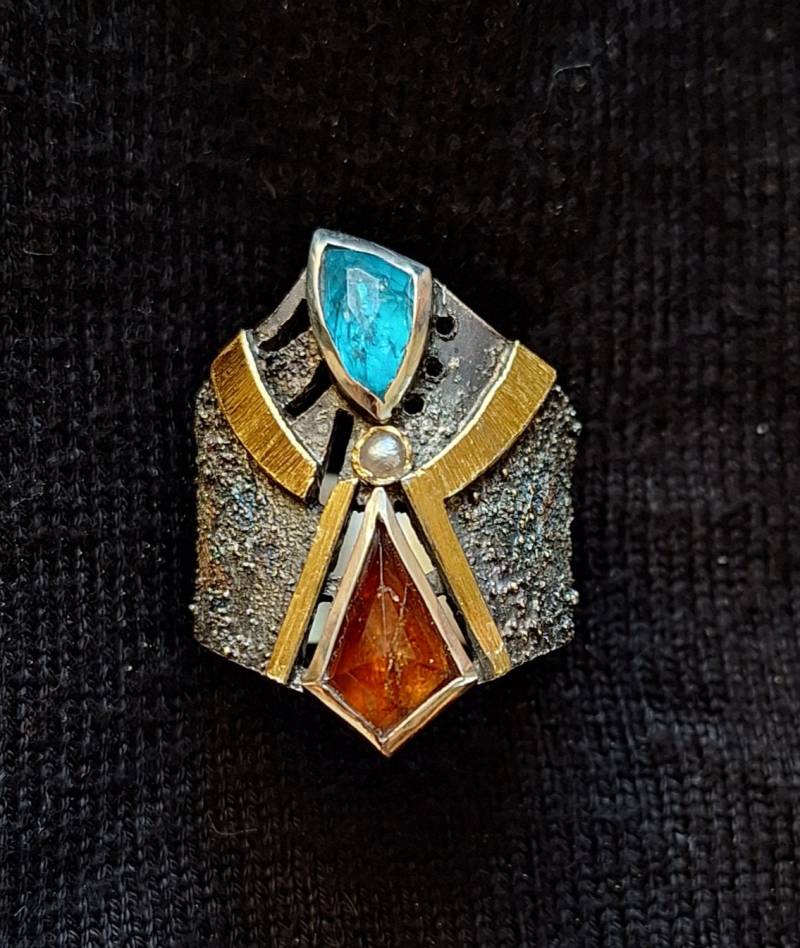 Ausgefallener Silberring Mit Gold Und Steine/Handgefertigter Unikatring/ Goldschmiedearbeit/ Ring Steinen von Auwaldschmiede