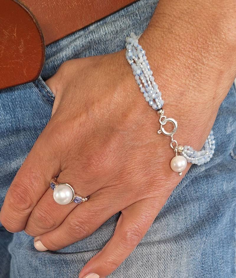 Wunderschöne Mehrreihige Armkette Aus Aquamarin, Perle Und Silber von Auwaldschmiede
